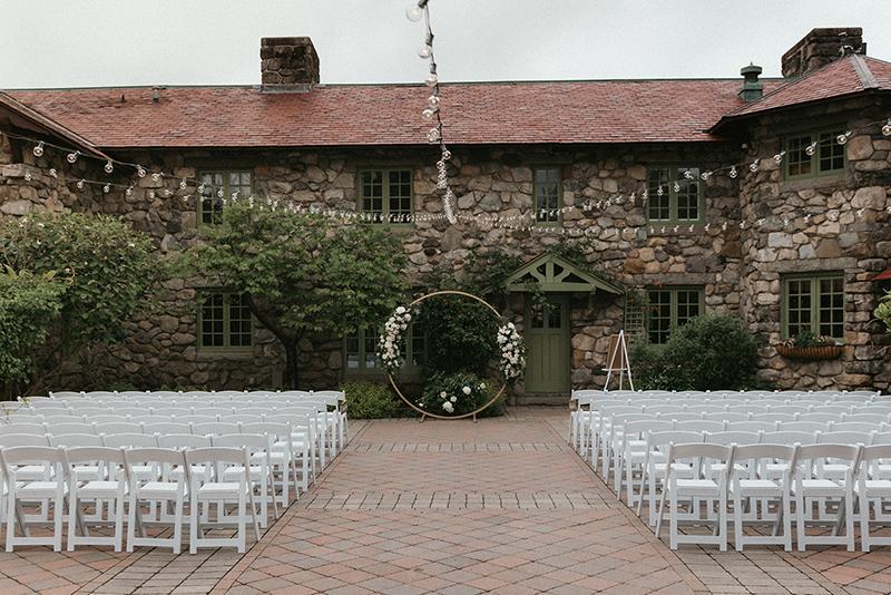A wedding ceremony setting in a courtyard