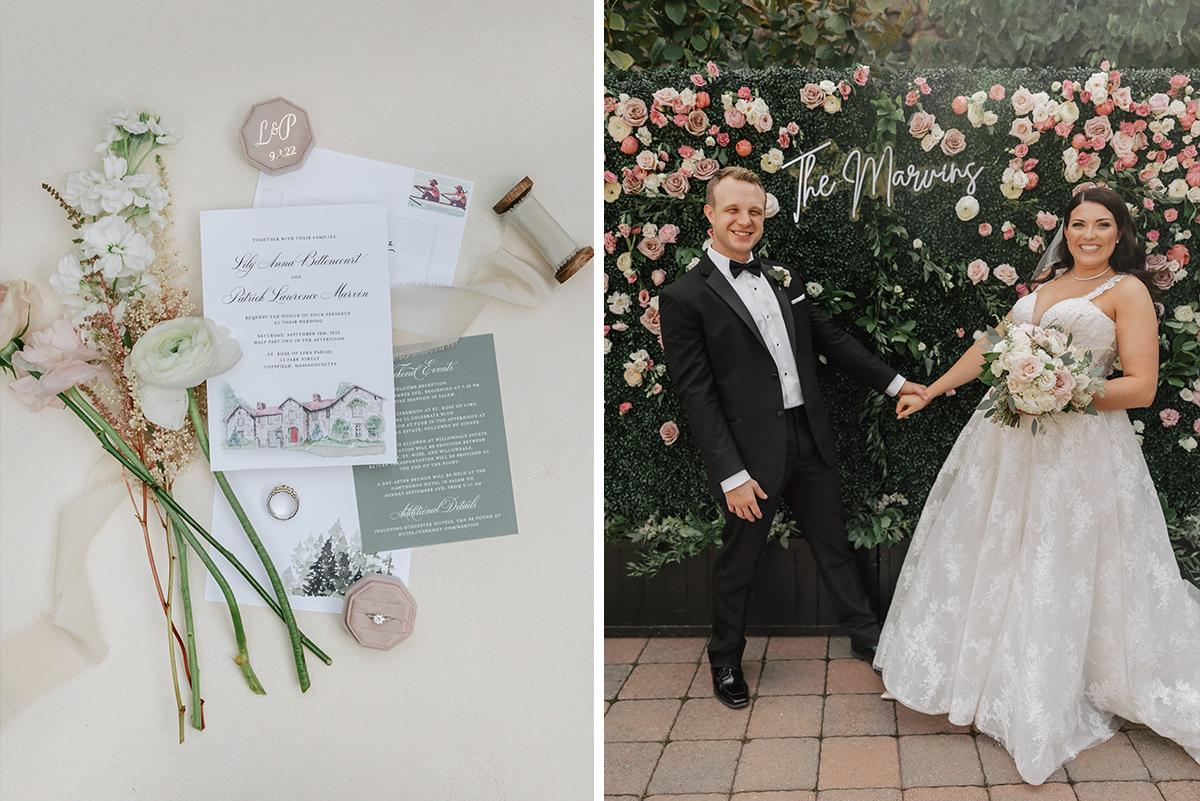 Wedding decorations and a bride and groom