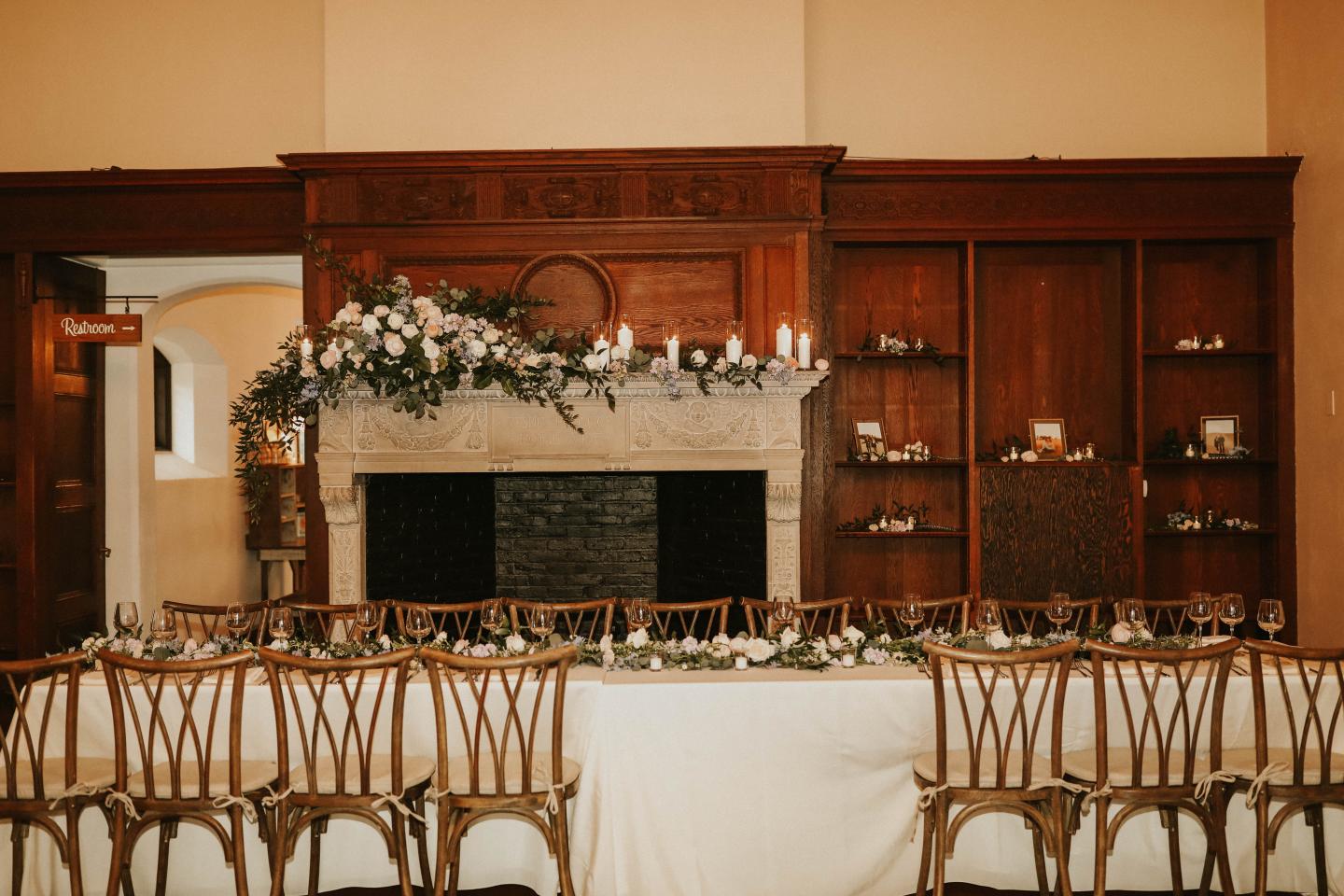 A great hall set up for a wedding reception
