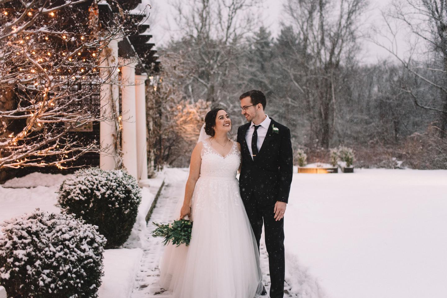 A bride and groom in winter