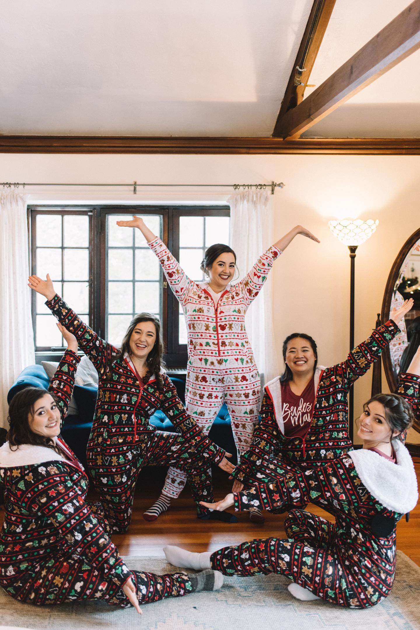 A bridal party in holiday pyjamas