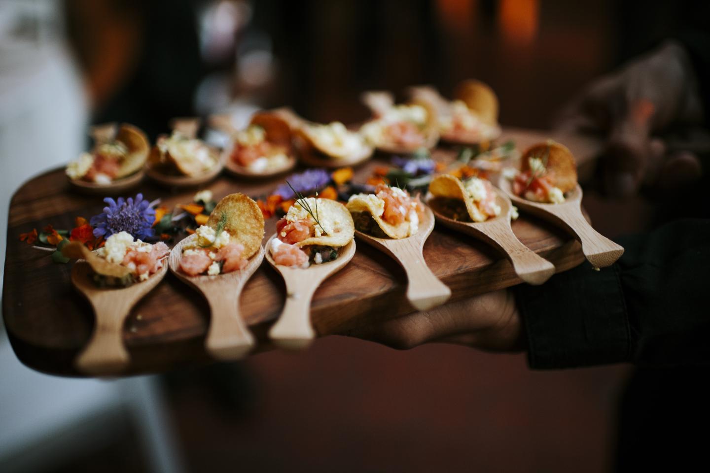 A close up of wedding appetizers 