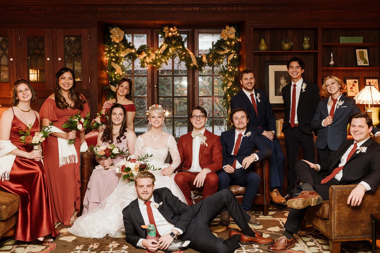 A wedding party posing for a photo