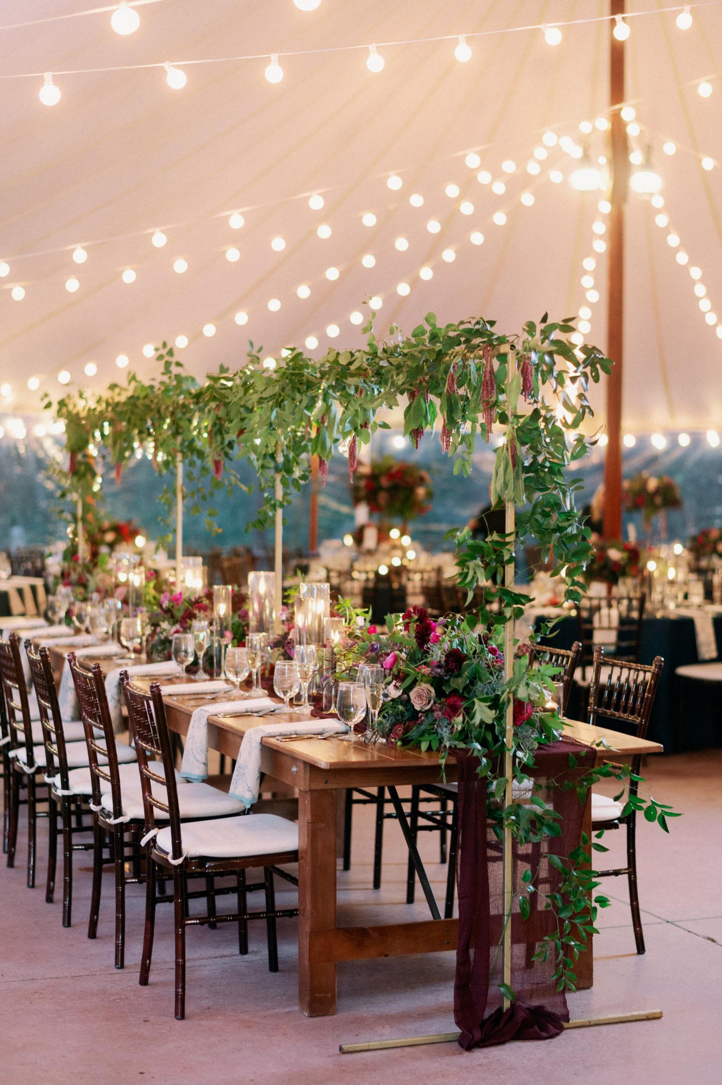 A tent set up for a wedding reception