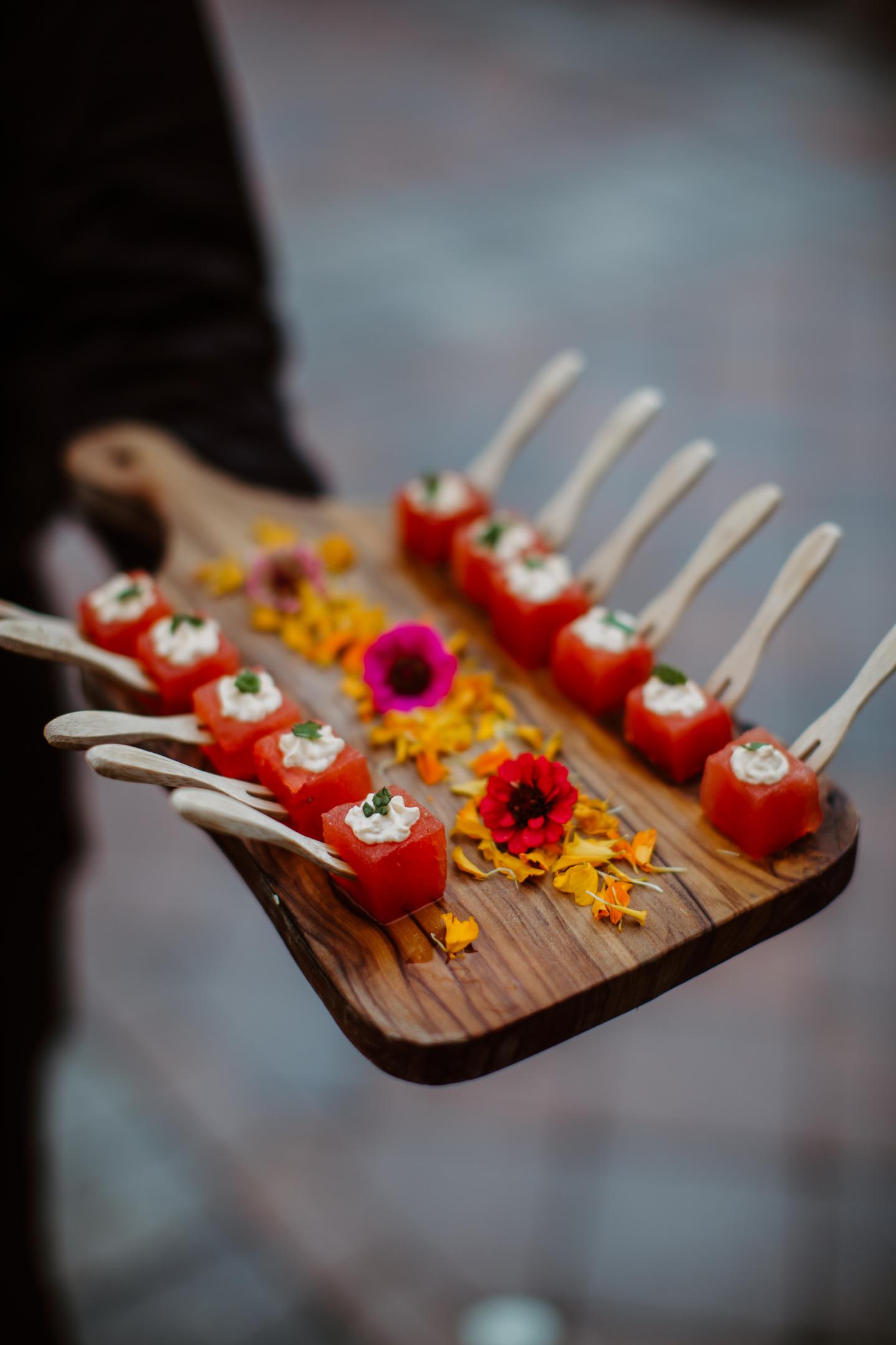 A close up of wedding appetizers