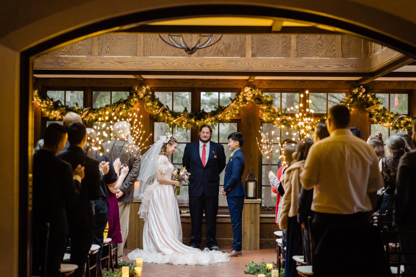 A bride and groom at the altar
