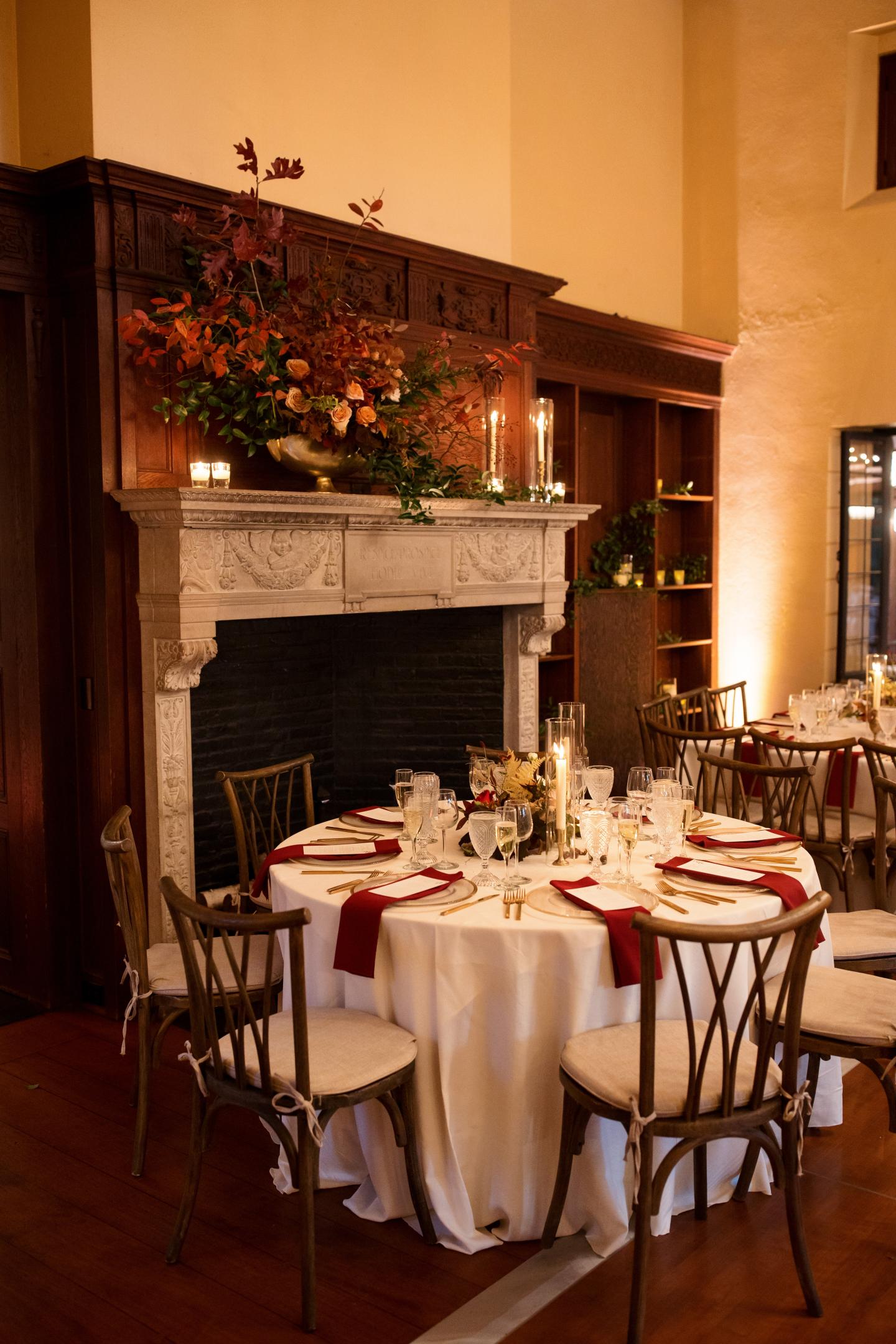 A hall set up for a wedding reception