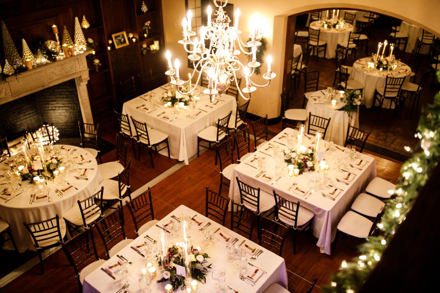 A great hall set up for a wedding reception