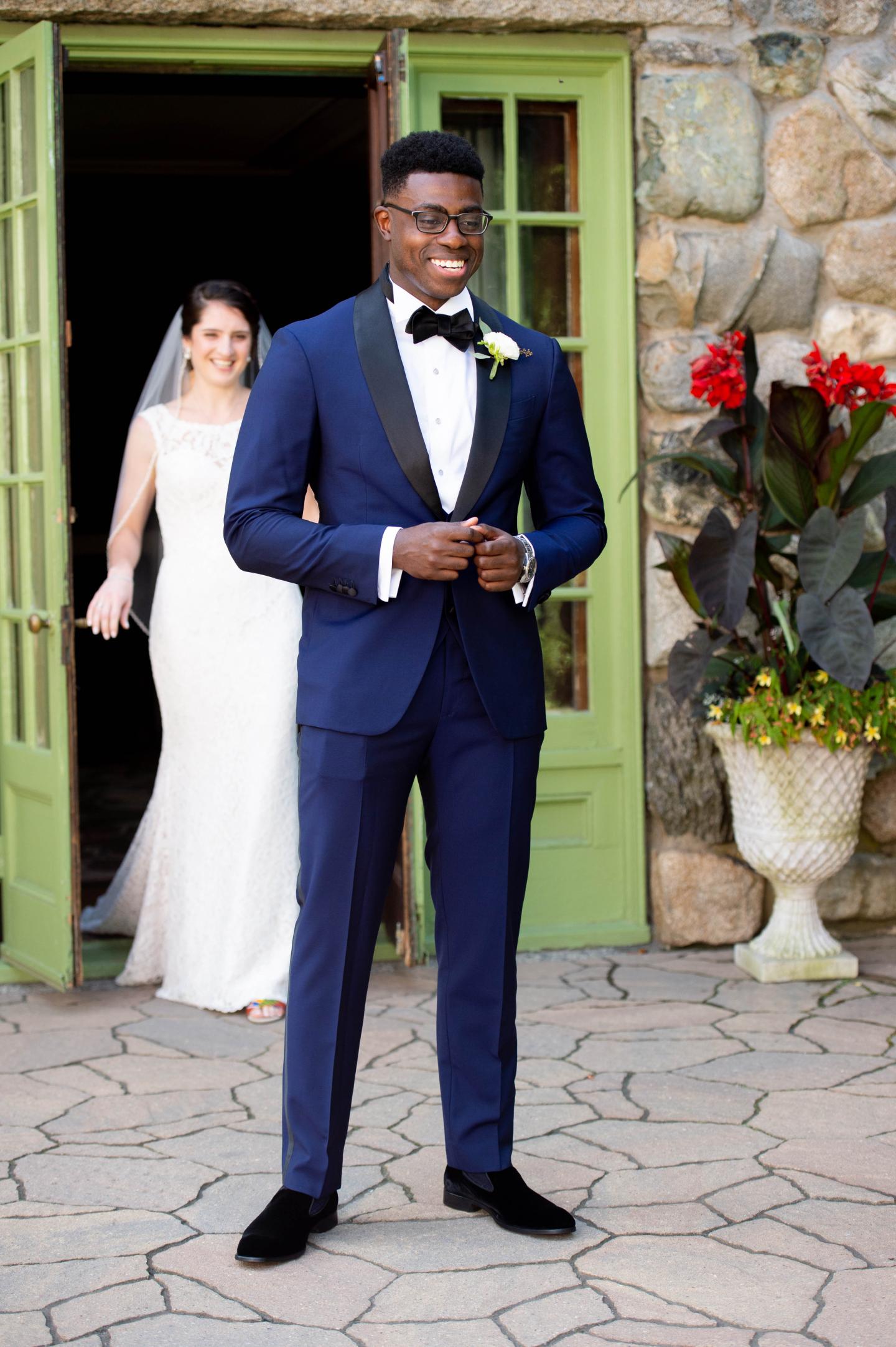 A bride and groom's first look