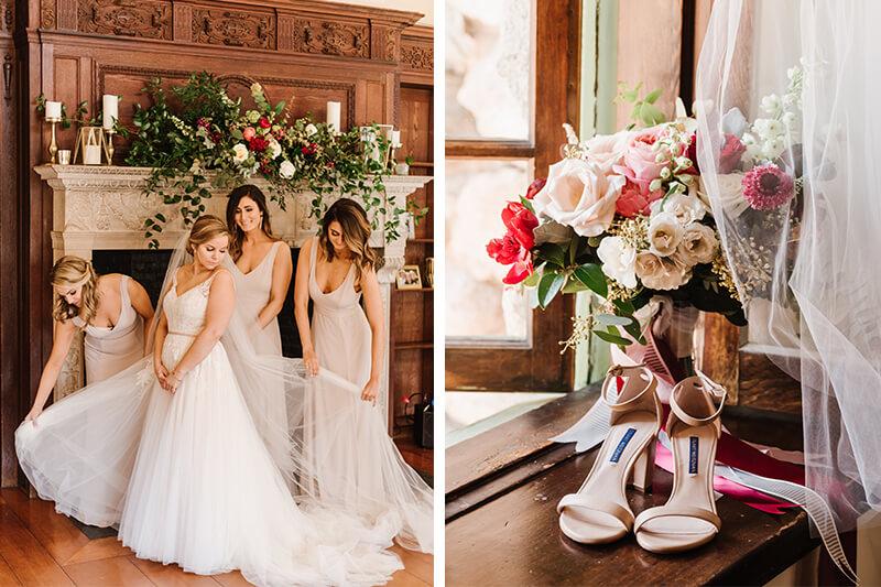 Two images of a bridal party and shoes