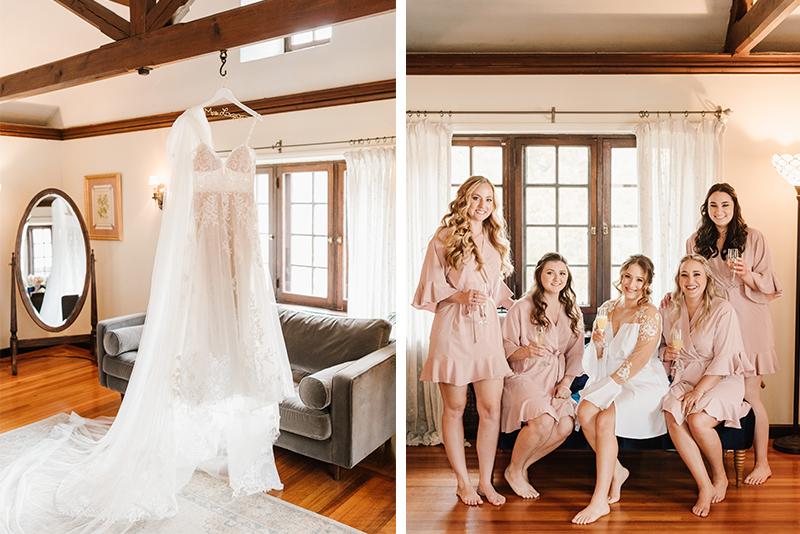 Two images of a wedding dress and a bridal party