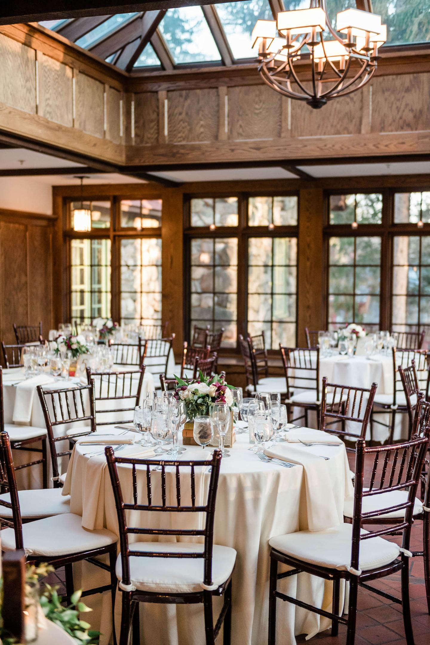 A conservatory set up for a wedding reception