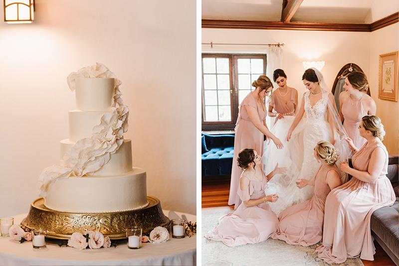 Two photos of a wedding cake and a bridal party