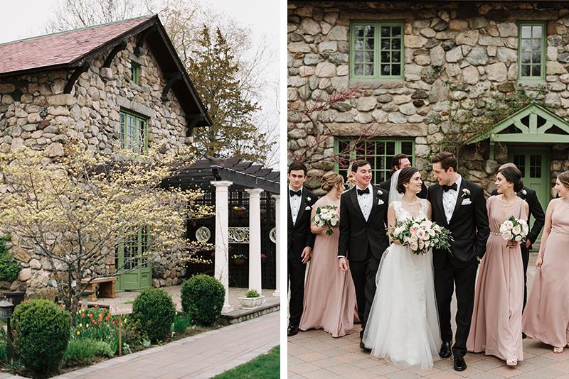 Two photos of a bridal party and a wedding location