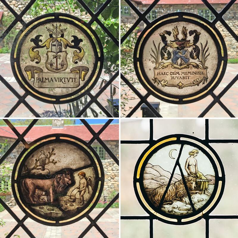 Throughout this room, you can find many depictions of mythic, literary, and familial themes in the etched stained glass. The bottom right side of the largest window has the inscription “palma virtuti” which is a symbol of triumph and victory.  Translating to “Palm of Virtue” or “Victory by Virtue”, it is believed to be the crest of the Palmer family. On the bottom left side of this window, you can find the phrase “Haec Olim Meminisse Juvabit”. It comes from the Aeneid meaning “One day it will be pleasing to