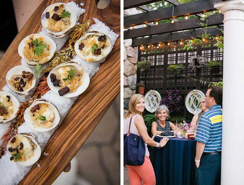 Two images of food and people at an event