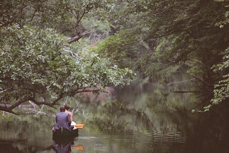 A bride and groom on a canoe
