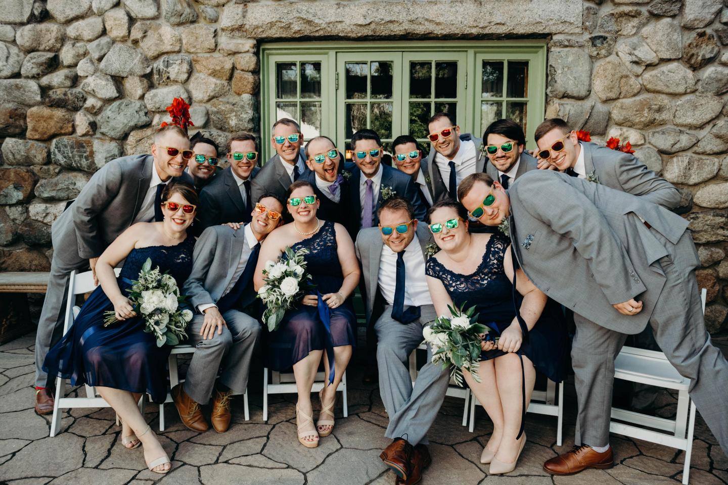 A wedding party posing for a photo