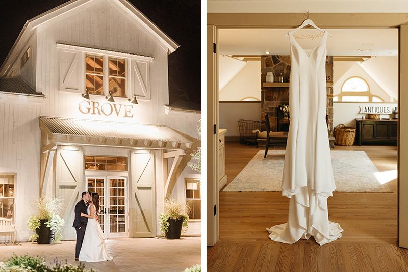 Two images of a bride and groom and a wedding dress