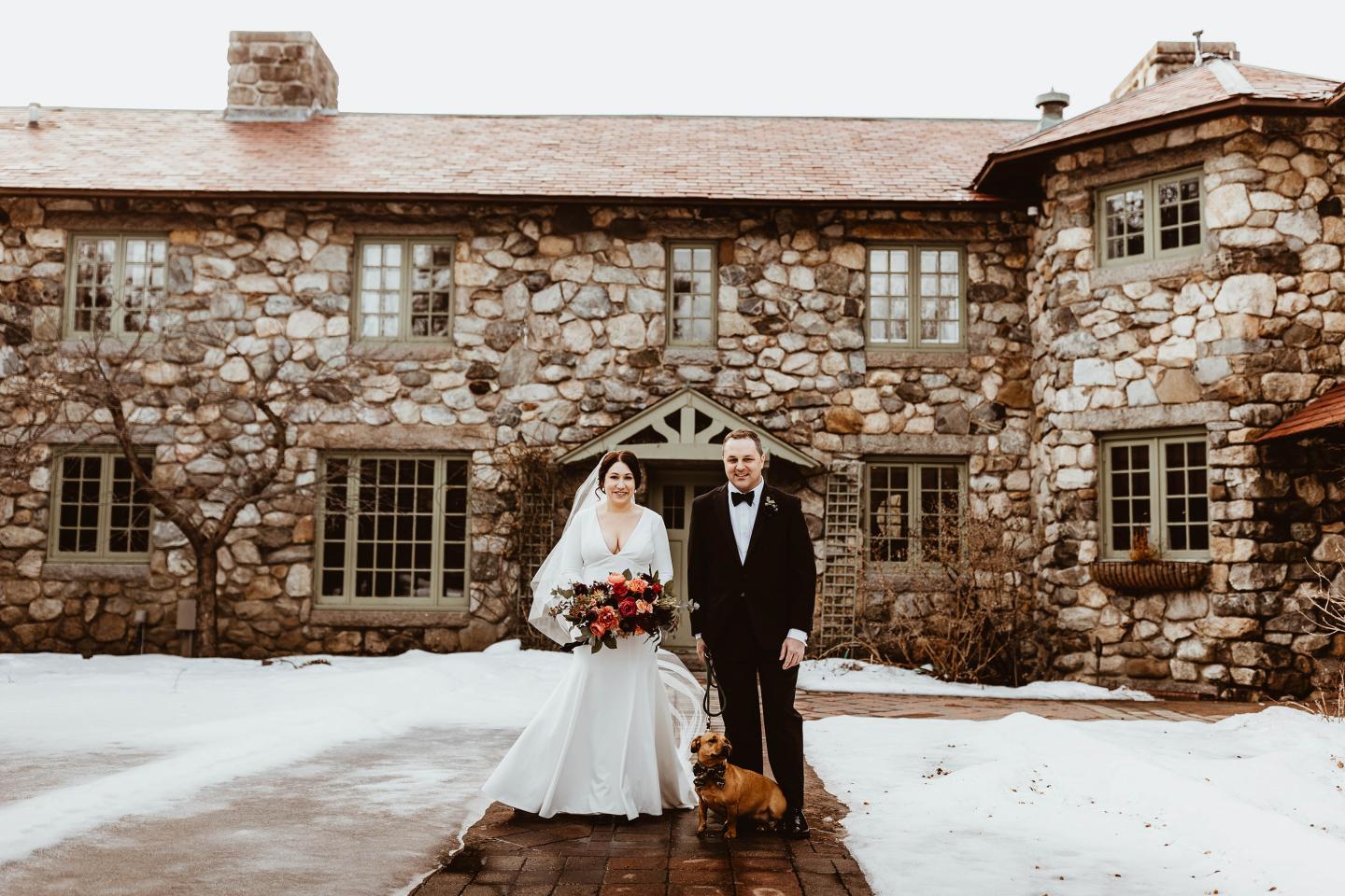 A bride and groom in winter