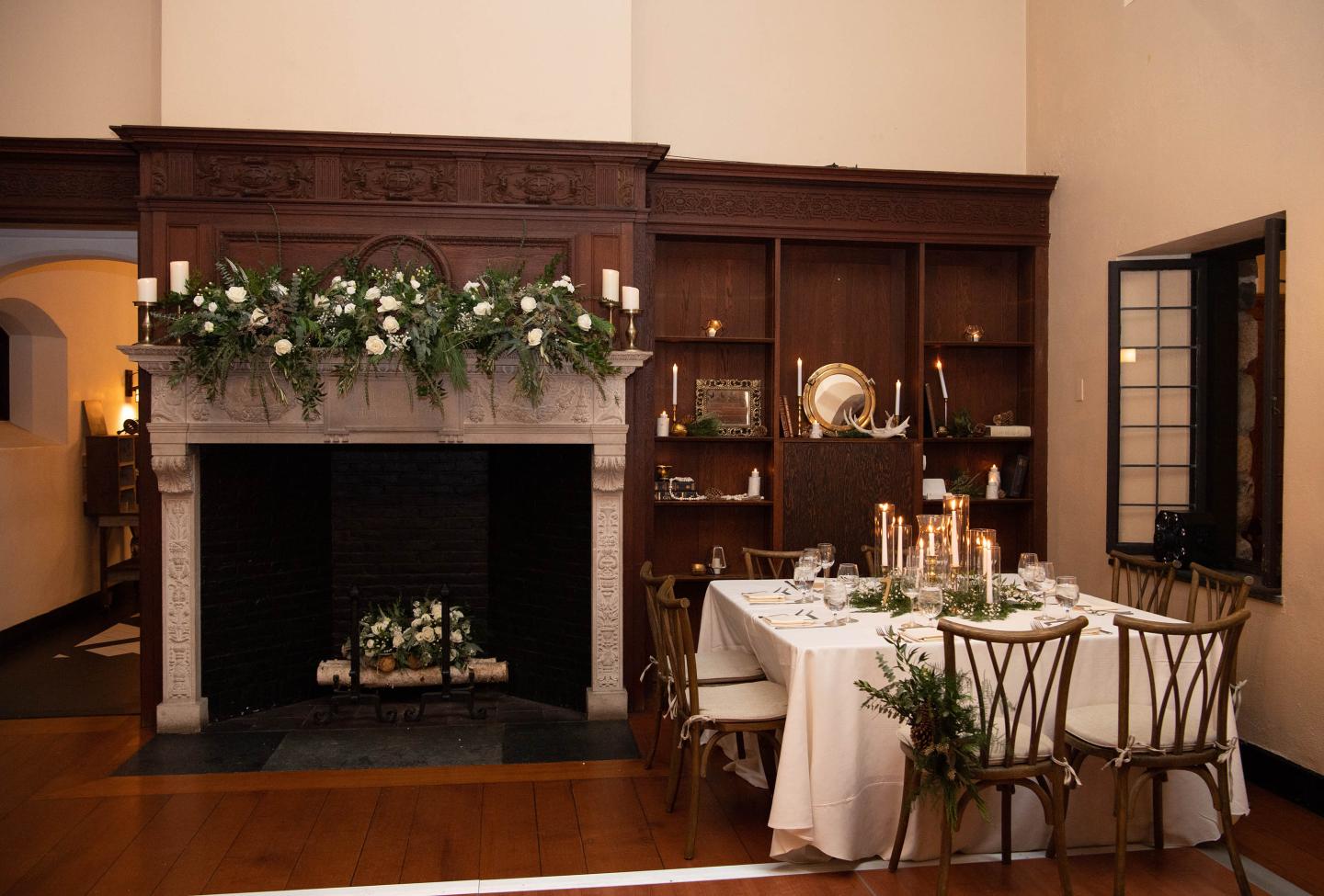 A traditional hall set up for a wedding reception