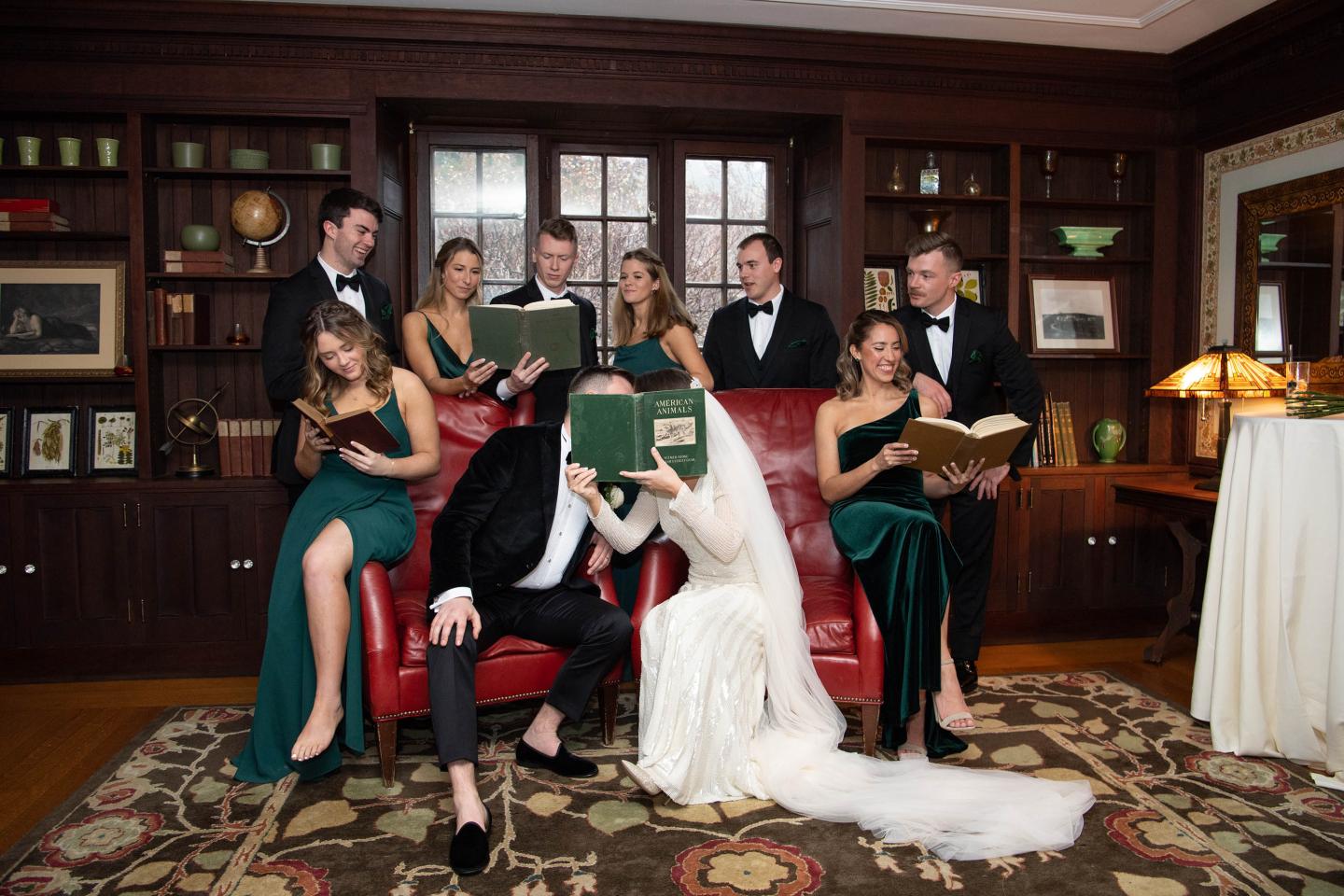 A wedding party in a library
