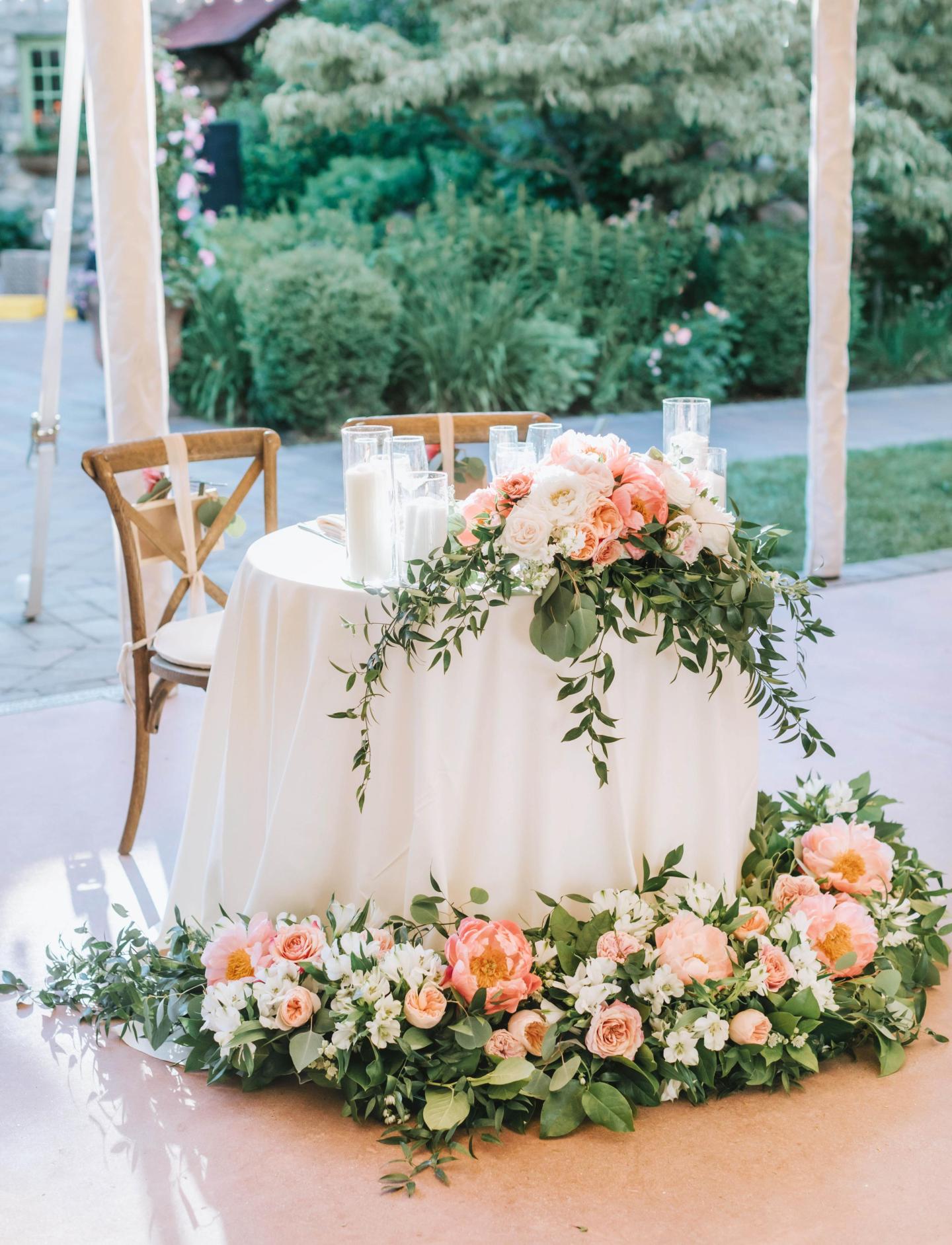 A bride and groom's table at a wedding reception