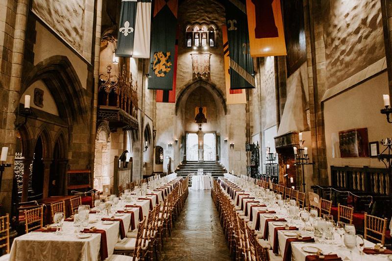 Interior of a castle set up for a wedding reception