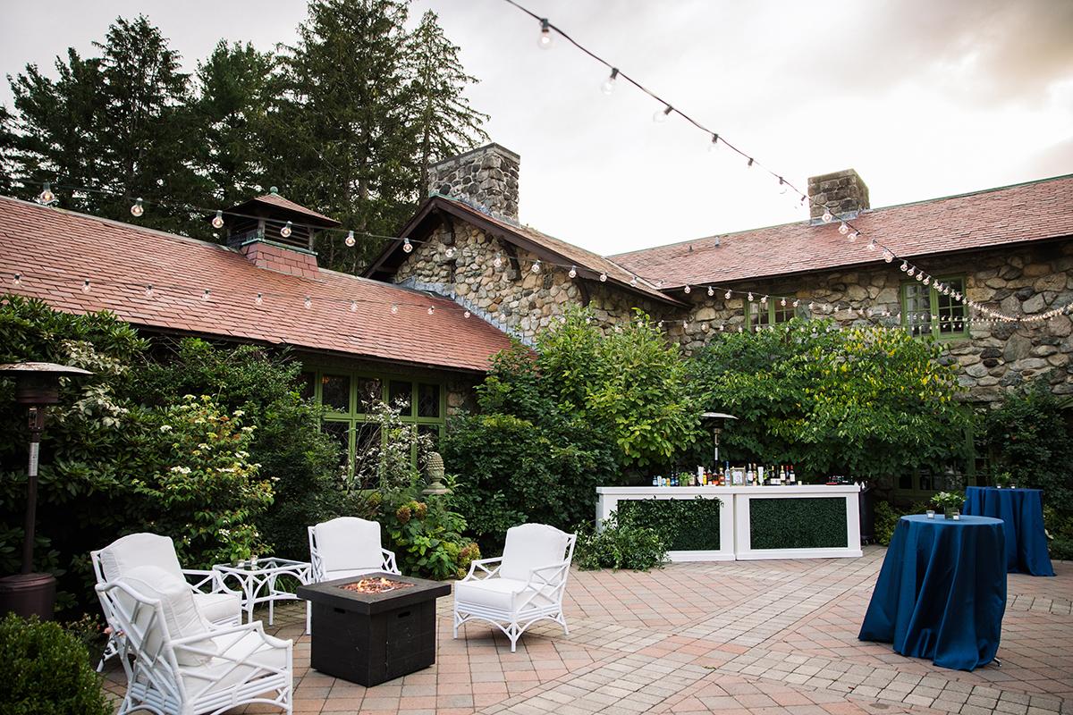 A courtyard set up for a wedding reception