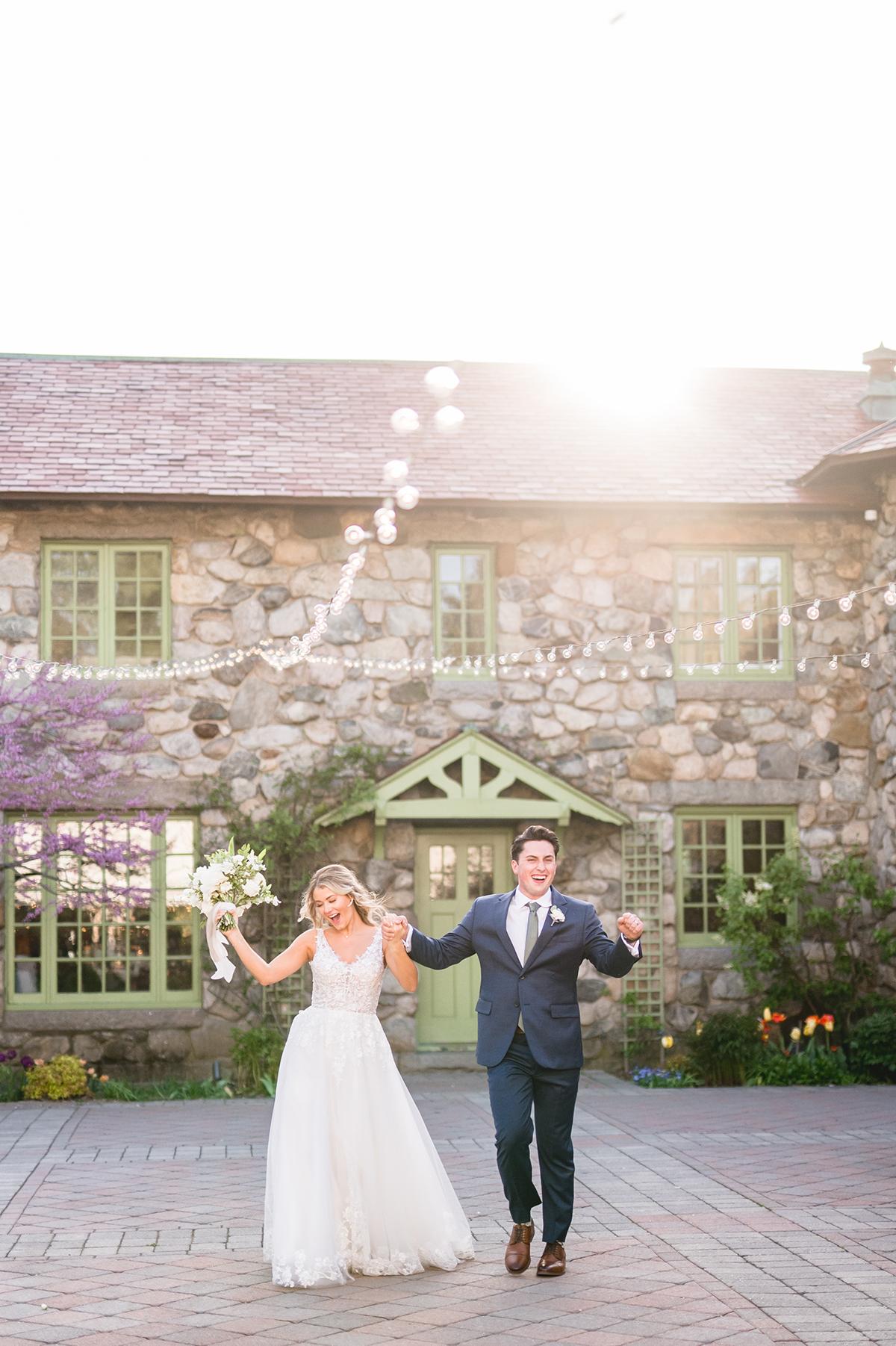 bride and groom in courtyard