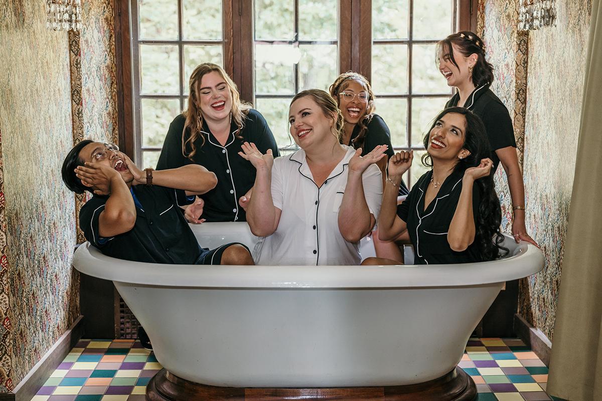 getting ready in bathroom