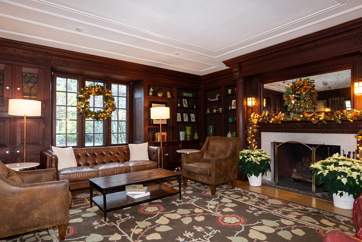 library with holiday decor