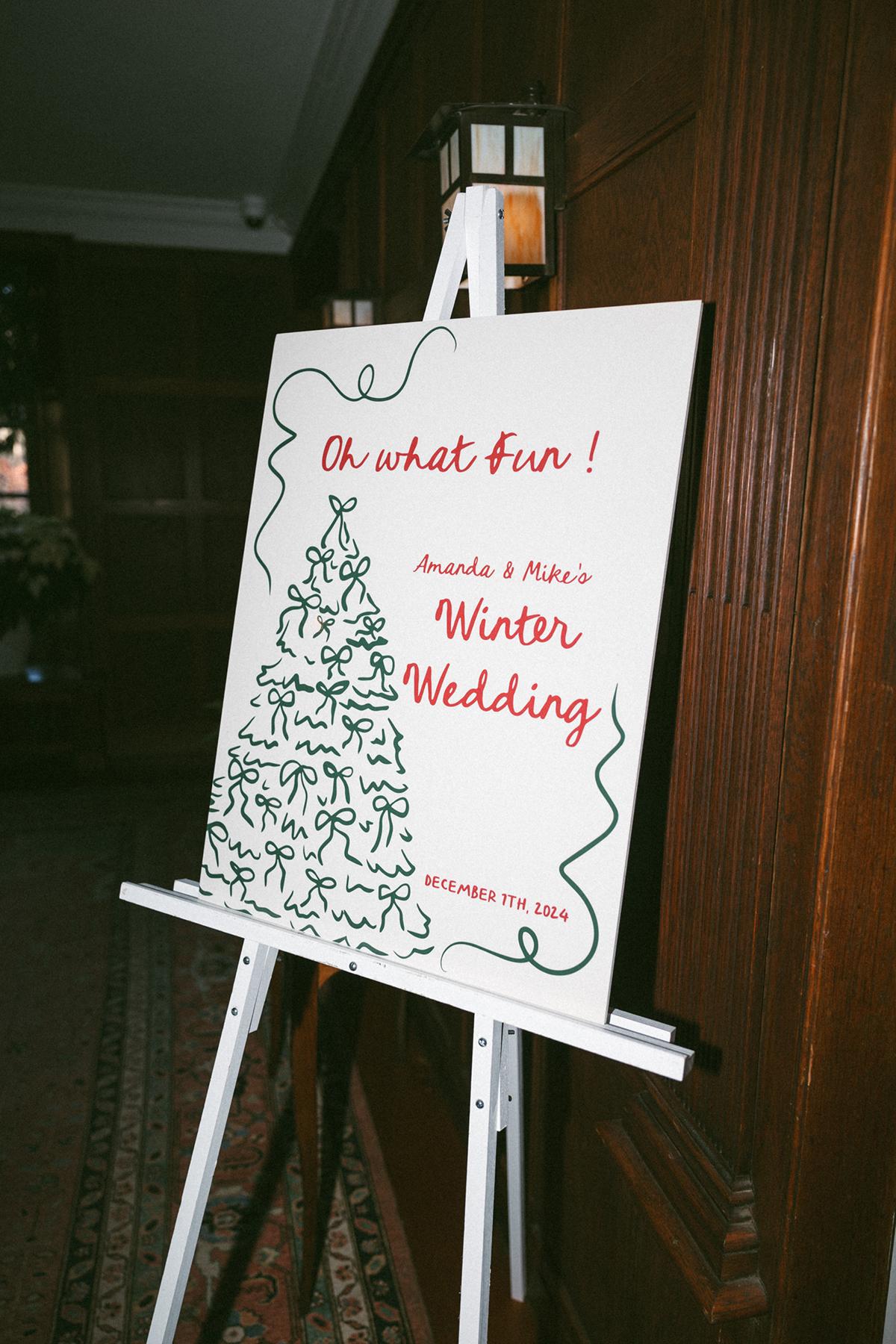 Wedding welcome sign on an easel with a decorative tree design.
