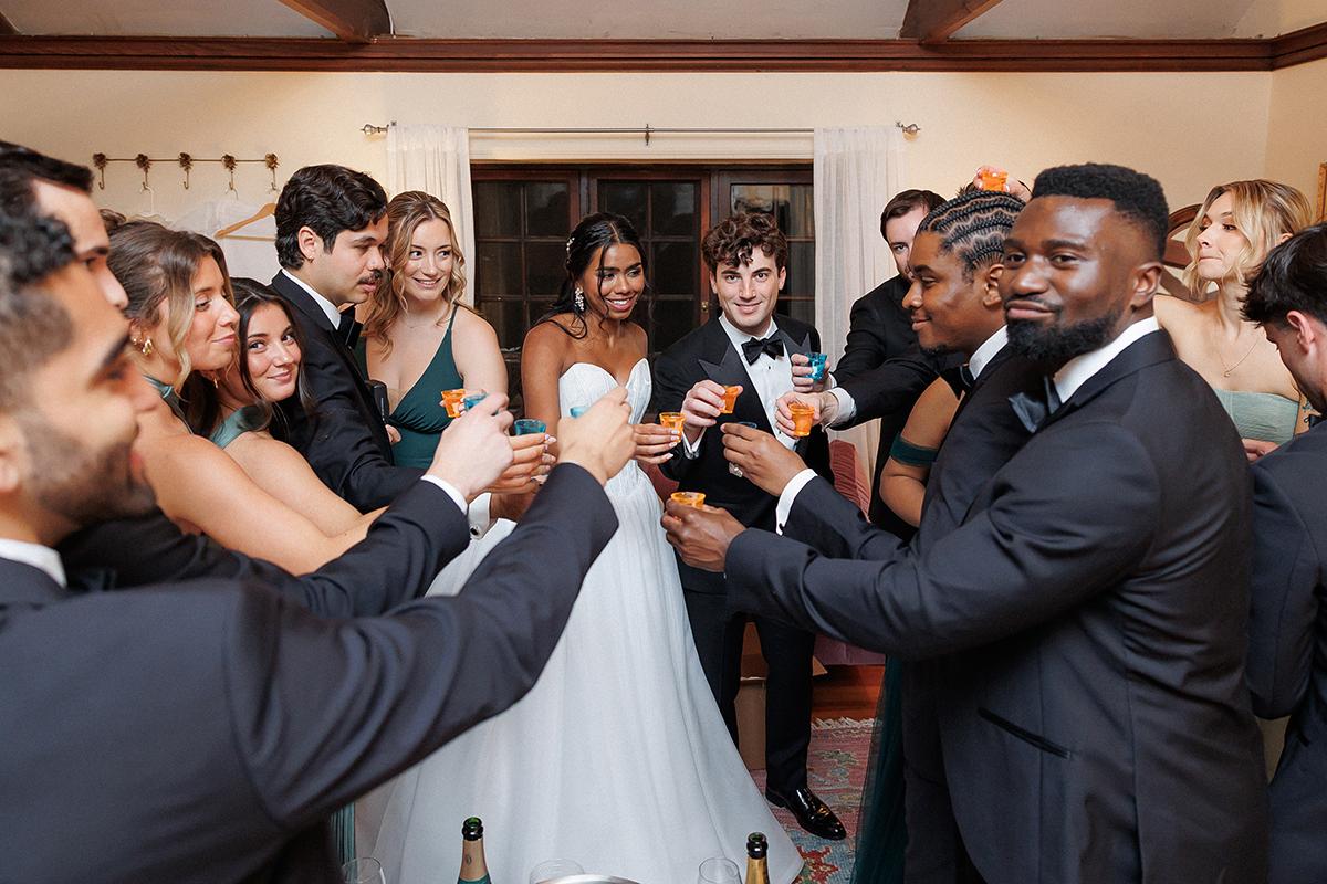 Wedding party toasting with glasses, smiling in formal attire.