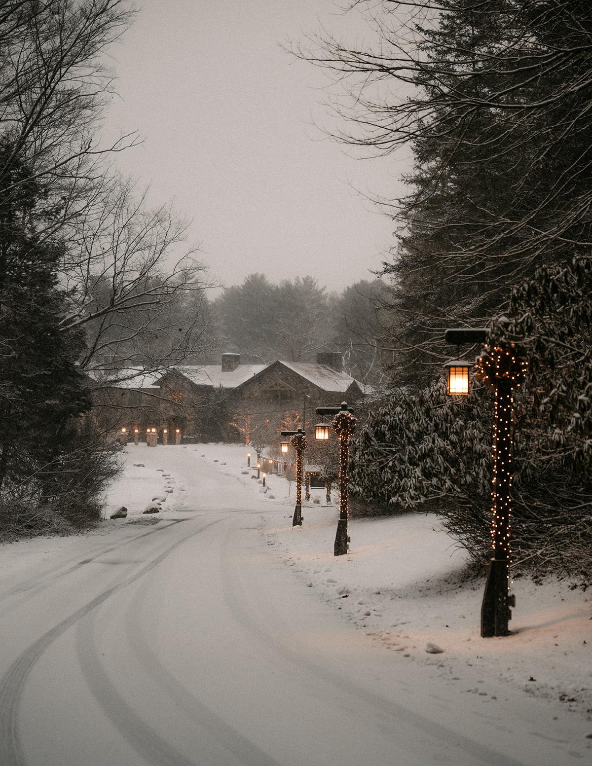 Snow-covered path lined with lit street lamps, leading to a cozy house.
